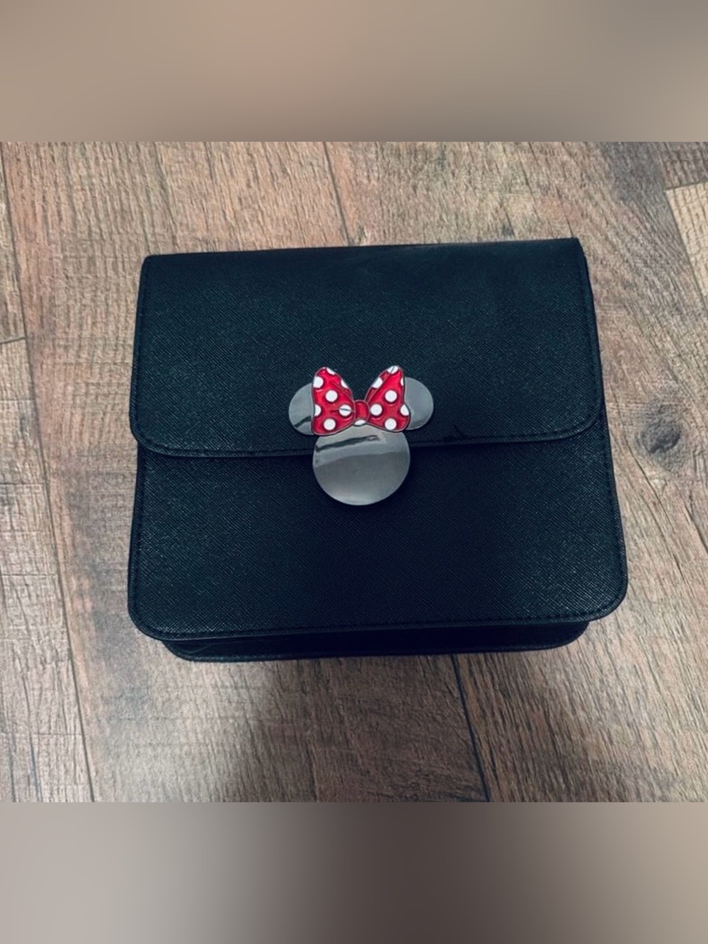 Disney Minnie Mouse Black Crossbody Bag with Red Polka Dot Bow Accent